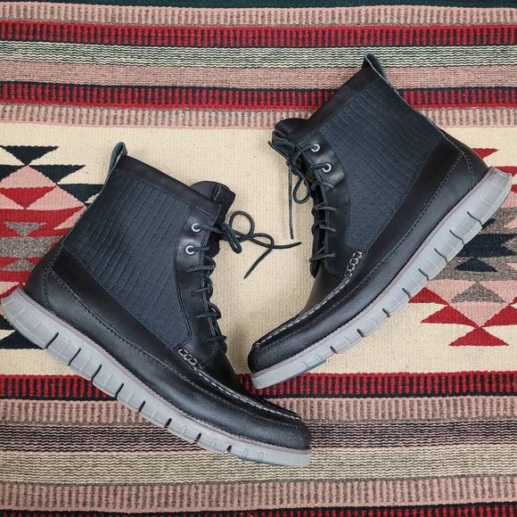 Cole Haan Black Leather Tall Boot Sz 13 Lace Up Lightweight Water Resistant - Picture 1 of 11